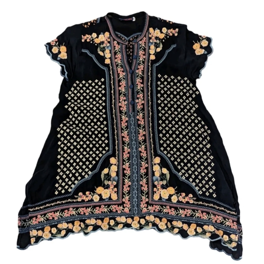 JOHNNY WAS Moji Blue Night Floral Embroidered Handkerchief Tunic Shirt Small